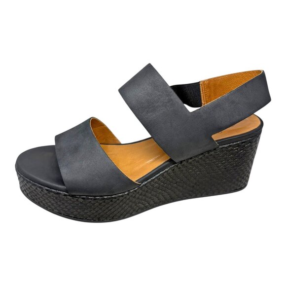 Coclico Leonora Black Leather Platform Wedge Sandals - Picture 1 of 11